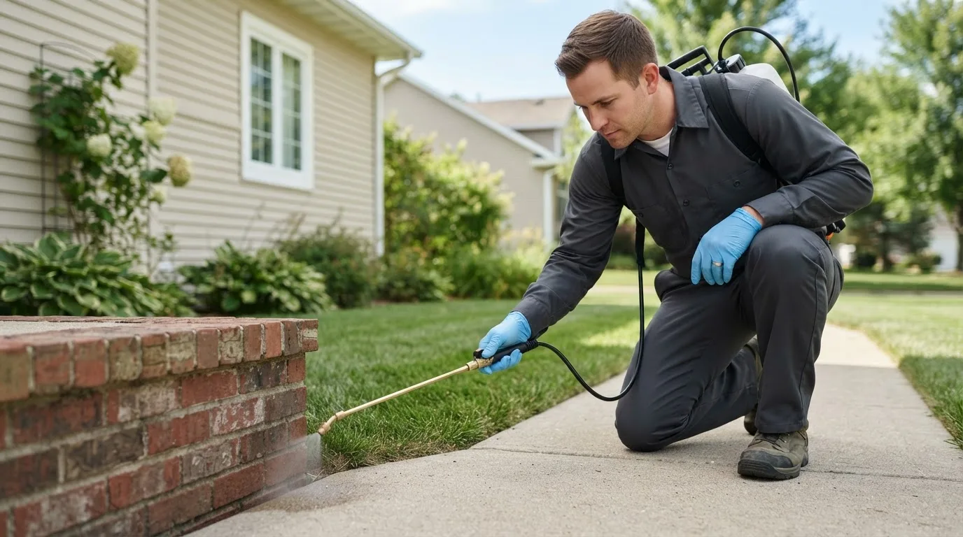 Pest control technician treating a home near Pep, TX