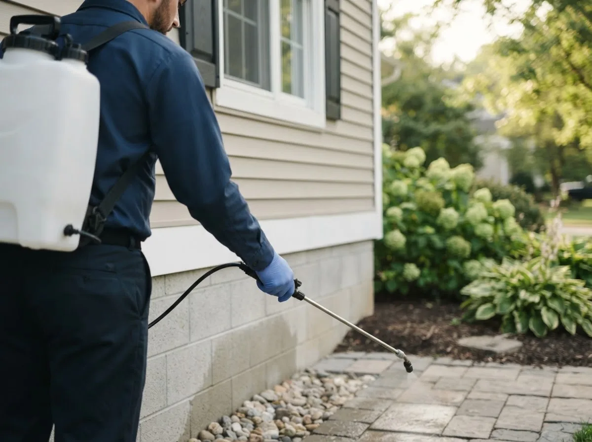 Pest control technician inspecting a home in Pep, TX